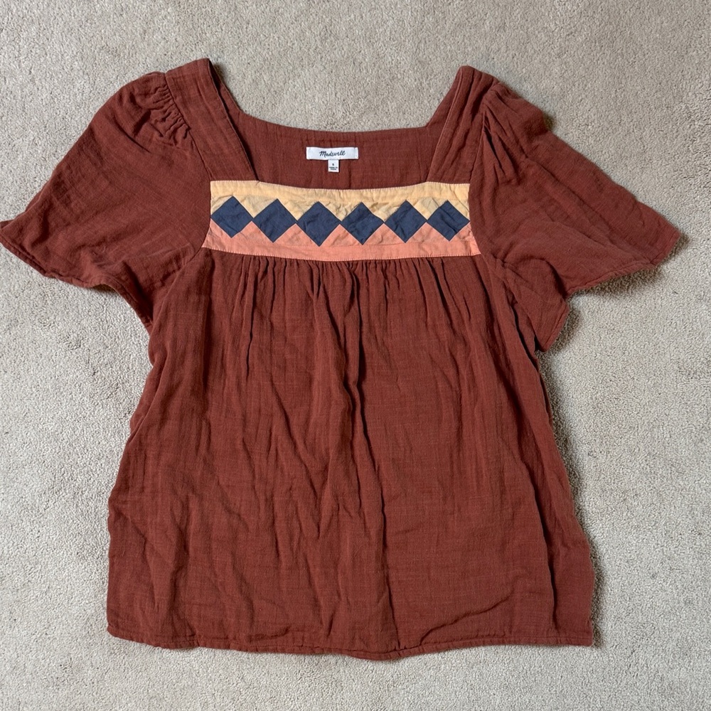 Madewell Rust Square-Neck Flutter Sleeve Blouse with Embroidered Yoke